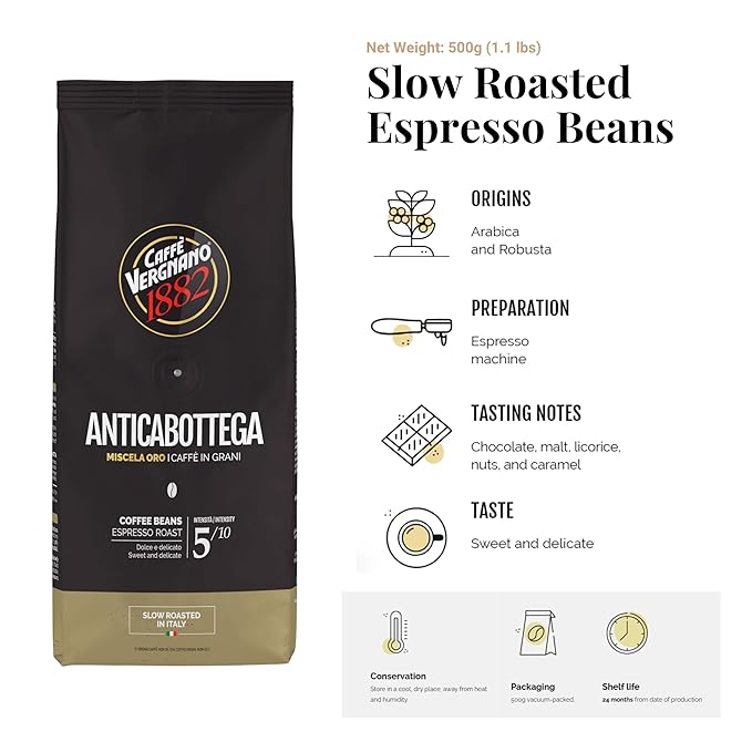 Caffe Vergnano 1882 Antica Bottega Whole Bean Arabica Medium Roast Espresso, 1.1 lbs Bag - Italian Coffee Beans with notes of Chocolate, Nuts & Caramel, Intensity 5/10-500g Bag