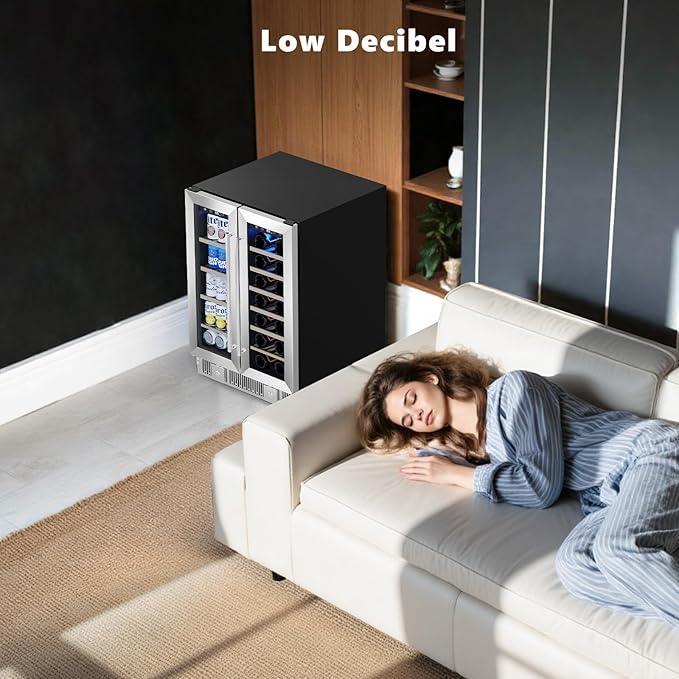 Dual Zone Wine Cooler with Glass Door, 21 Bottles and 88 Cans Wine and Beverage Refrigerator, 4.4 cu.Ft 24 Inch Built in or Under Counter Wine Fridge with LED Light, Two Door Lock