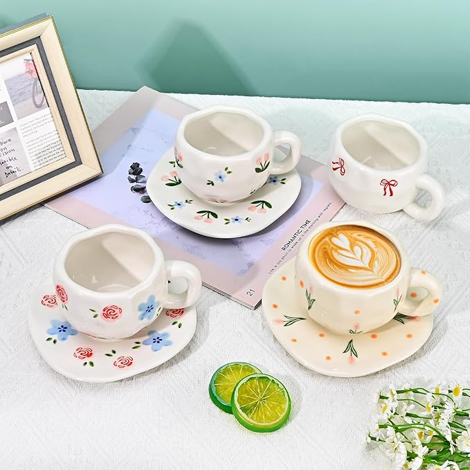 Koythin Ceramic Coffee Mug with Saucer Set, Cute Creative Bow Cup Unique Irregular Design for Office and Home, 10 oz/300 ml for Latte Tea Milk