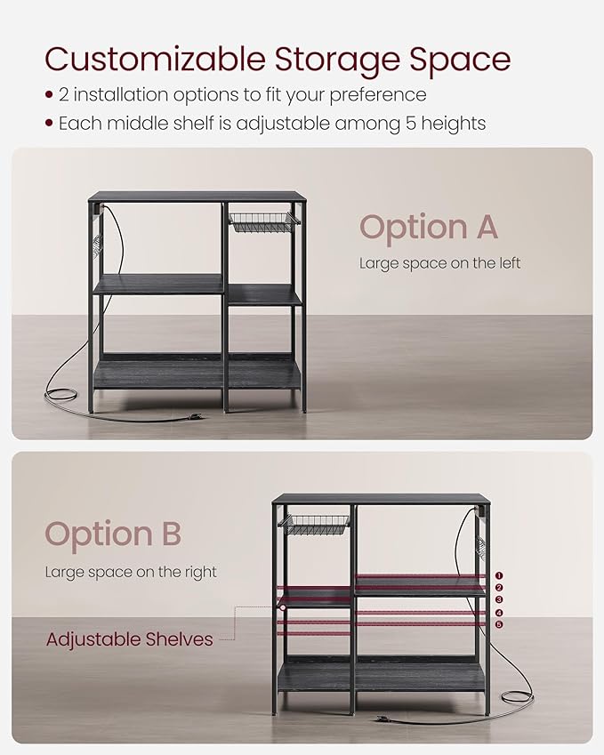 VASAGLE Baker's Rack, Coffee Bar Stand with Charging Station, Storage Shelves, Pull-Out Wire Basket, Table for Microwave, Kitchen, Charcoal Gray UKKS036B22, 15.7 x 35.4 x 35.6 Inches