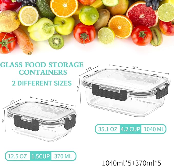 Skroam 10-Pack Glass Meal Prep Containers, Food Storage Containers with Snap Locking Lids, Airtight Bento Boxes for Microwave, Oven, Freezer and Dishwasher