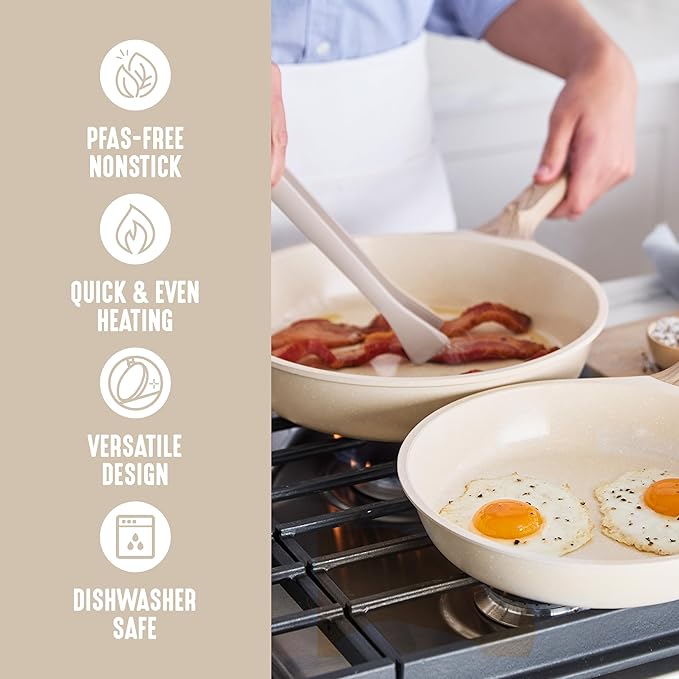 GreenLife Nonstick 2 Piece Frying Pan Set, 9.5" & 11" Skillets Ceramic PFAS-Free Nontoxic, Induction Suitable, Wood Print Handles, Stay-Cool Handles, Deep Cooking Skillets, Egg Pan, Granite Cream