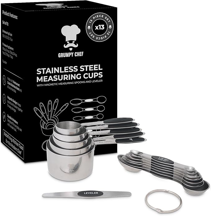 GRUMPY CHEF Stainless Steel Measuring Cups and Spoons Set with Magnetic Leveler – 13-Piece Nesting Set, Dual-Sided Magnetic Spoons, Flat Bottom Design for Stability – Rust-Resistant, Dishwasher Safe