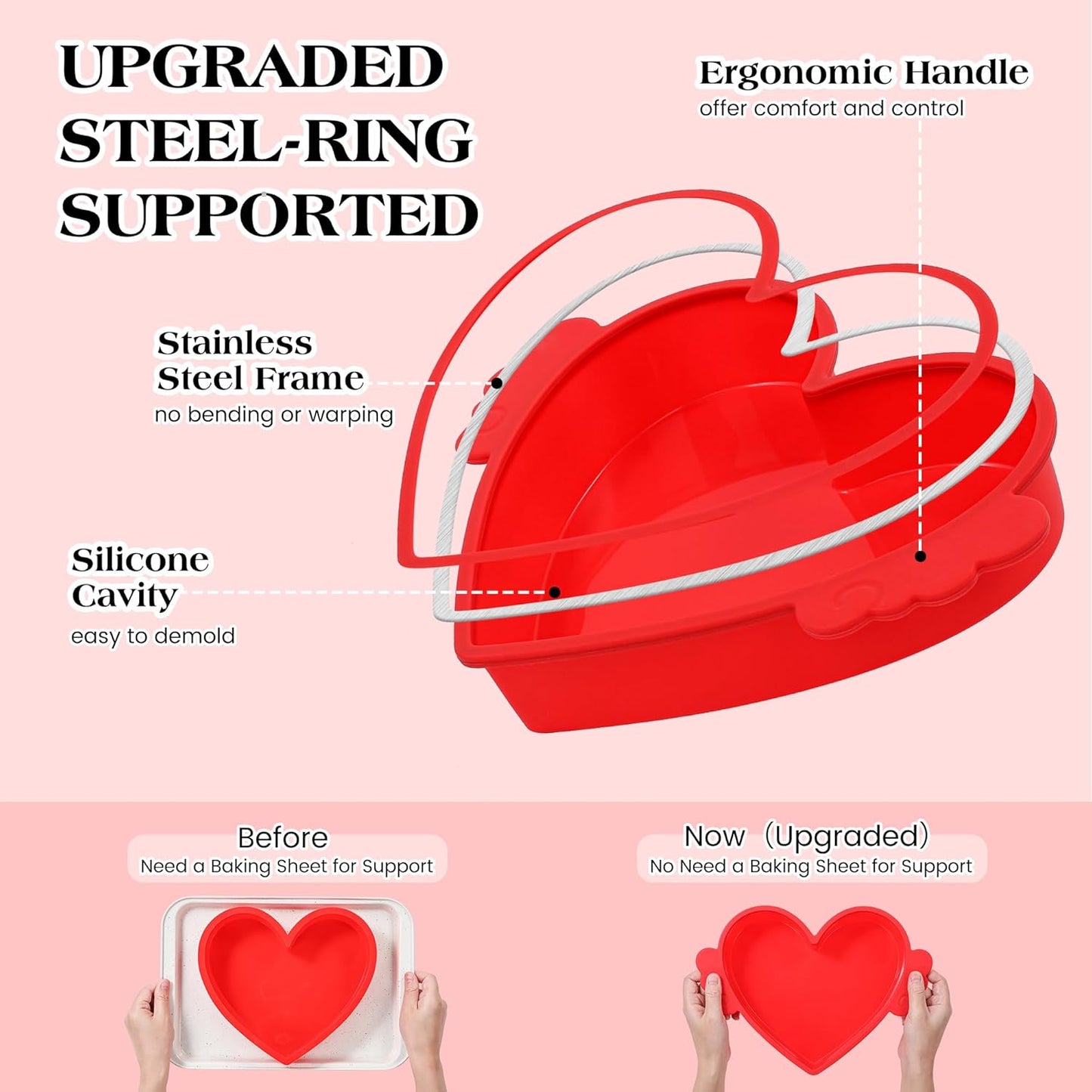 8 Inch Heart Shaped Cake Pans with Metal Reinforced Frame Silicone Heart Cake Pan Nonstick Silicone Molds for Baking Set of 2 (Red)