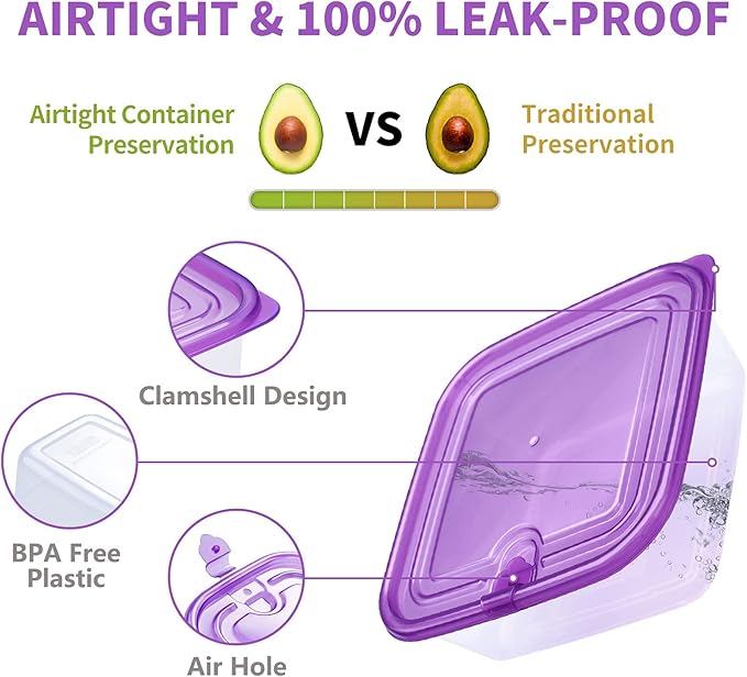 KIGI 6 PACK Plastic Food Storage Containers with Lids Airtight Square Meal Prep Containers TO GO Containers