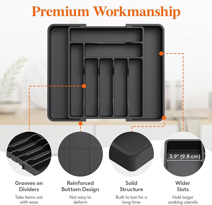 Lifewit Silverware Drawer Organizer, Expandable Utensil Organizer for Kitchen Drawers, Adjustable Cutlery and Flatware Tray, Plastic Spoons Forks Knives Holder Storage Dividers, Medium, Black