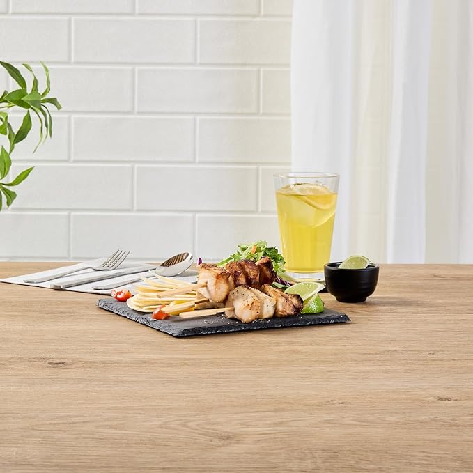 Restaurantware Slate Serving Trays 10 Pack of 8 x 8" Foam Feet Charcuterie Stone Plates Rustic Edges Freezable Black Square Serving Display Cheese Boards for Kitchen, Dining, Parties