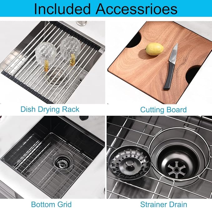 Black Undermount Bar Sink, 12 x 15 Inch Black Stainless Steel Undermount Small Basin Wet Bar Single Bowl RV Kitchen Sink with Cutting Board