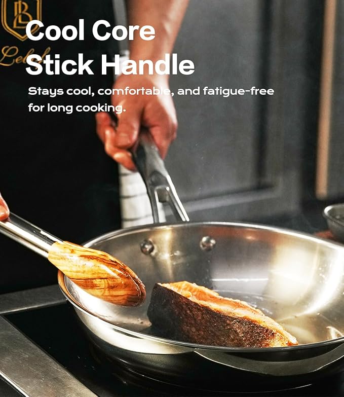 12 Inch Stainless Steel Pan, 5-Ply Clad Base 800℉ Safe Frying Pans for Even Heating, Premium Cookware for Induction, Gas,Electric&Oven