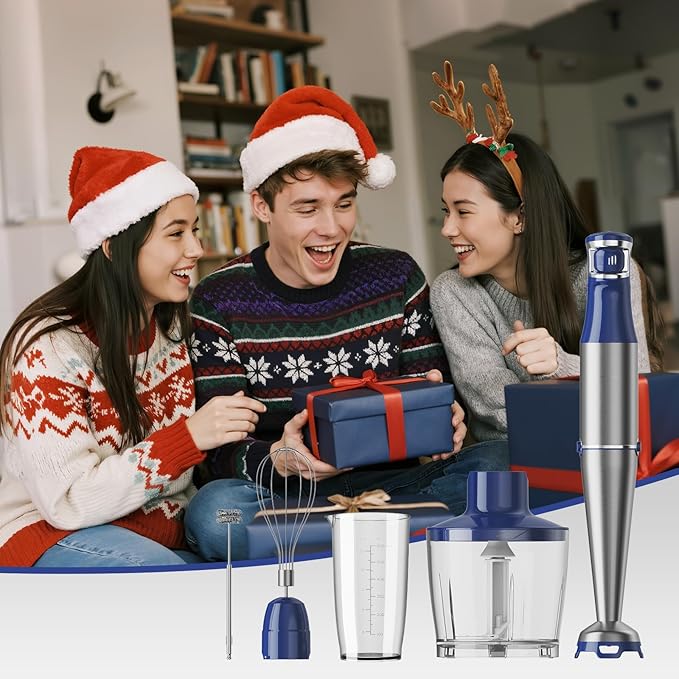 Immersion Blender Handheld Corded Hand Blenders Set 1100W, Trigger Variable Speed 5 in 1 Stick Emulsifier with Chopper, Whisk and Frother for Soup, Baby Food and Smoothies, Navy Blue