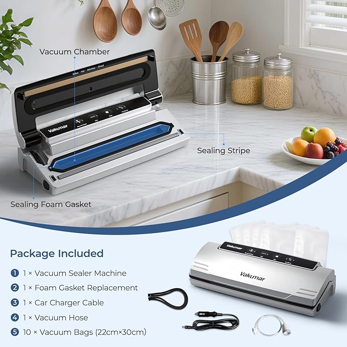 Upgraded Vacuum Sealer Machine for Food, 8 in 1 Food Sealer Vacuum Sealer with Powerful Suction, Dry & Moist Modes, Sous Vide Compatible, Included Car Charger(In-vehicle use)