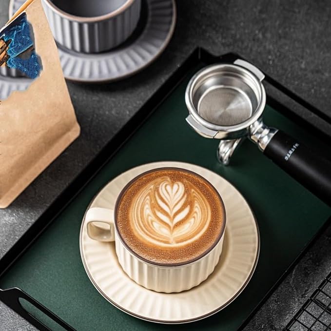 Cappuccino Cups with Saucers, 8 oz Ceramic Vertical Stripe Coffee Cup and Saucer set for Au Lait, Double shot, Latte, Cafe Mocha, Set of 4