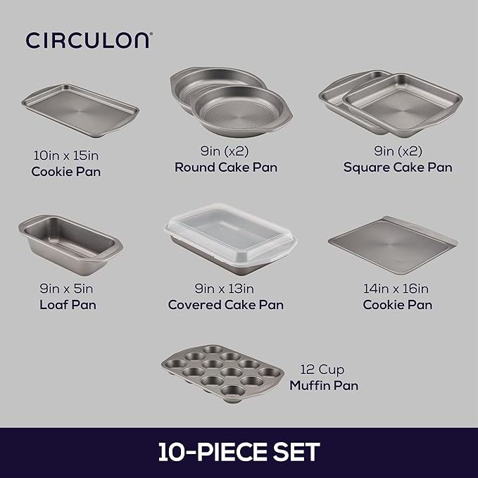Circulon Total Nonstick Bakeware Set with Nonstick Bread Pan, Cookie Sheet, Baking Pan, Baking Sheet, Cake Pan and Muffin/Cupcake Pan - 10 Piece, Gray