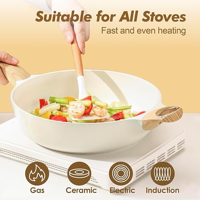 SENSARTE 14-Piece Ceramic Non Stick Induction Cookware Set, Non Toxic Healthy Non Stick Kitchen Cooking Pots and Frying Pans Set, PFAS PTFE PFOA PFOS Free, Ceramic White