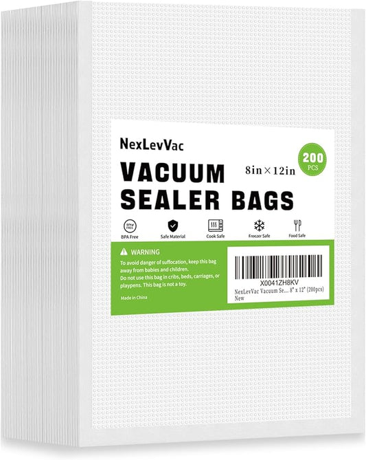 200 Quart Vacuum Sealer Bags - 8x12 Inch, Heavy Duty Commercial Grade for Food Saver, Seal a Meal, Sous Vide, Meal Prep, Freezer Storage