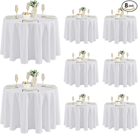 Fitable 8 Pack Round Tablecloths: Stain Resistant Wrinkle Free Circle Table Clothes, Washable Reusable Polyester Table Covers for Wedding Party Birthday Banquet Reception(White, 120 Inch)