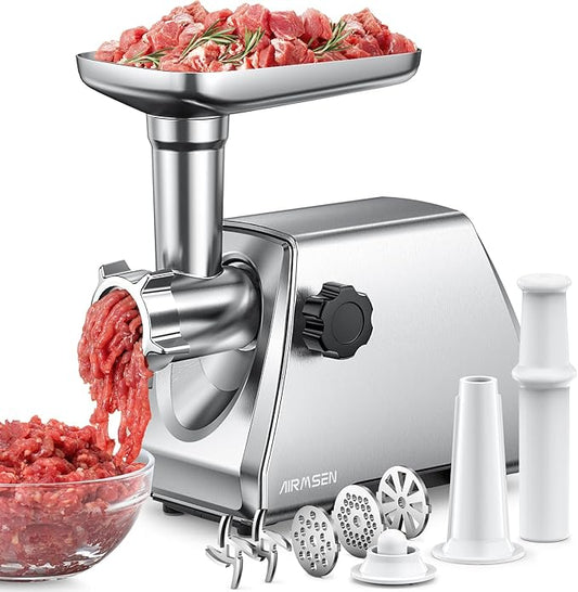 AIRMSEN Electric Meat Grinder – Heavy Duty Professional Stainless Steel Sausage Maker & Stuffer with 3 Plates, 2 Stainless Blades & Kubbe Kit – Fast, Quiet, Easy to Clean for Home Kitchen Use