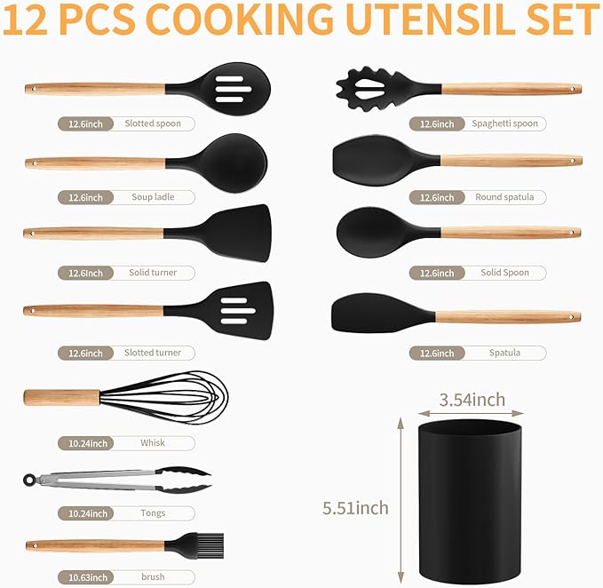 Silicone Cooking Utensil Set,12 PCS Cooking Cookware Kitchen Utensils Set for Cooking, Nonstick 446°F Heat-Resistant Cookware Kitchen Tools of Spoon,Brush,Whisk,Spatula,Turner Tongs (Black)