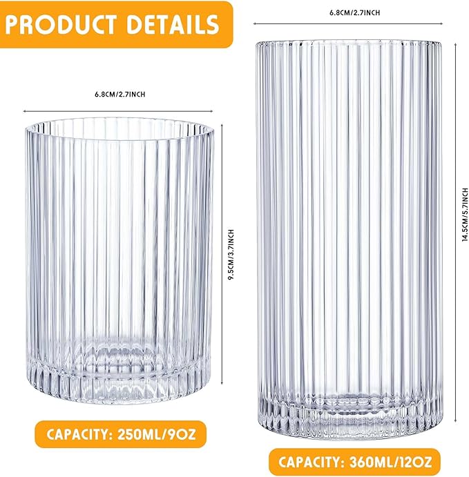 Zhehao 12 Pcs Ribbed Drinking Glasses Set 9 oz 12 oz Glass Cups Vintage Glassware Ribbed Cocktail Cup Clear Ice Coffee Highball Ripple Drinkware for Home Bar Beverages