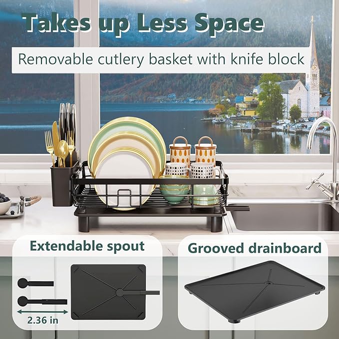 Iron Dish Drying Rack with Drainboard Dish Drainers for Kitchen Counter Extendable Spout Strainers with Utensil Holder and Knife Slots, Black