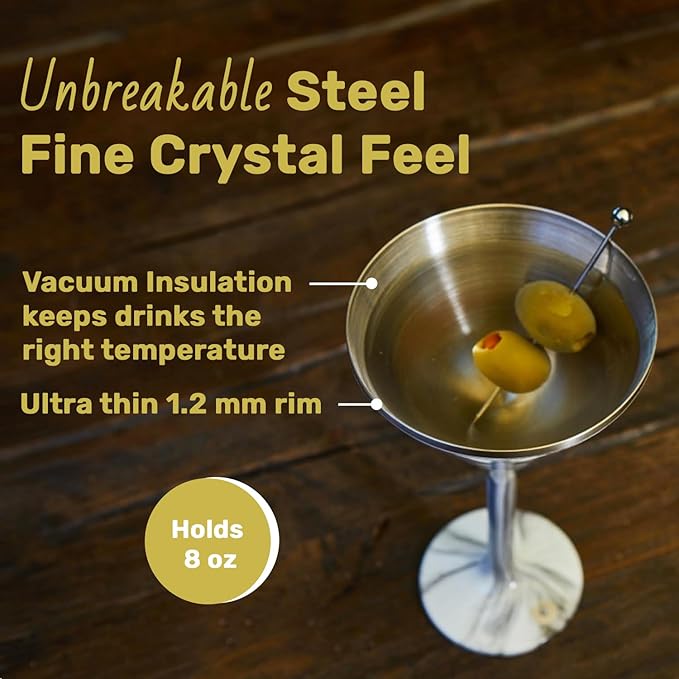 NEWPORT Stemware Collection Premium Vacuum Insulated Stainless Steel Martini Glasses, Lightweight Margarita Glasses, Unbreakable & Drinks Stay Cold, Non-Slip Base, Cocktail Glasses, 8oz, Marble