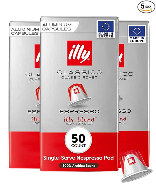 illy Aluminum Espresso Capsules - Compatible with Nespresso Machines - Classico Medium Roast Coffee- Mild&Balanced-Notes of Caramel,Orange Blossom&Jasmine Single Serve Capsules - 10 Count (Pack of 5)