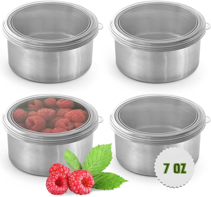 TAVVA 4 X 7oz Stainless Steel Containers with Lids - Leakproof w/Silicone Lids - BPA Free - Dishwasher & Freezer Safe - Portable & Reusable - Stainless Steel Storage Food Snack Containers