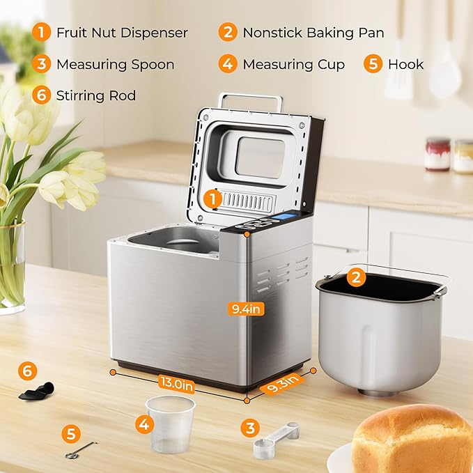 EUHOMY Bread Maker Machine 13-in-1 Bread Machine, Dough Maker, Auto Nut Dispenser & Ceramic Pan, 2LB and 3 Loaf Sizes & 3 Crust Colors, 650W Bread Machine with Keep Warm Set, Whole Wheat