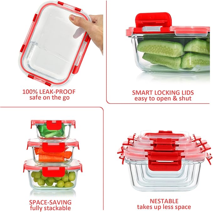 24 Pieces Glass Food Storage Containers Set,Glass Meal Prep Containers-Stackable Airtight Glass Storage Containers with lids,Freezer, Microwave, Oven Safe,Red