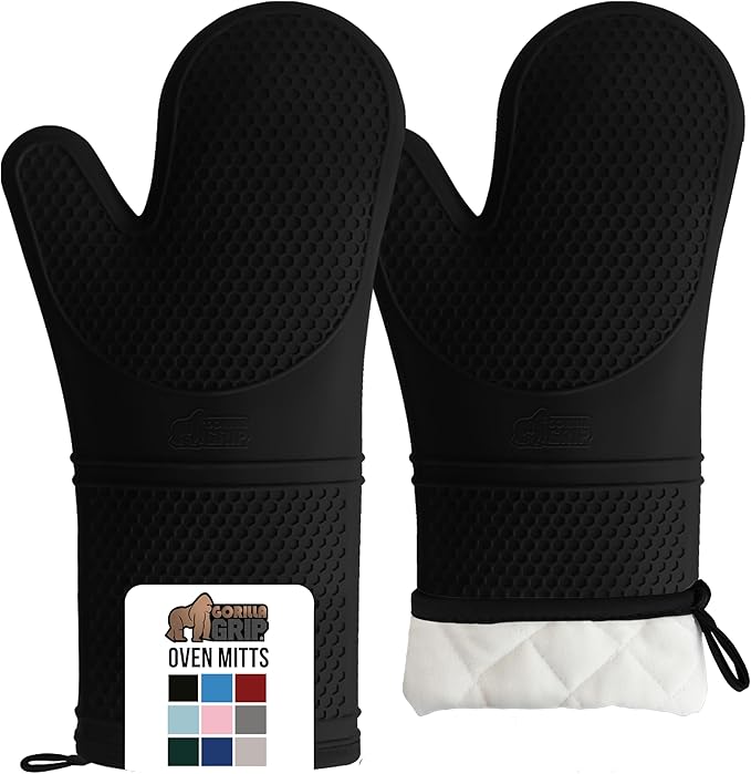 GORILLA GRIP BPA-Free Soft Silicone Oven Mitts, 14.5x8.3, Heat Resistant and Waterproof Cooking Gloves, Thick Cotton Lining, Flexible Gripping for Baking Grilling, Kitchen Potholders Set of 2, Black