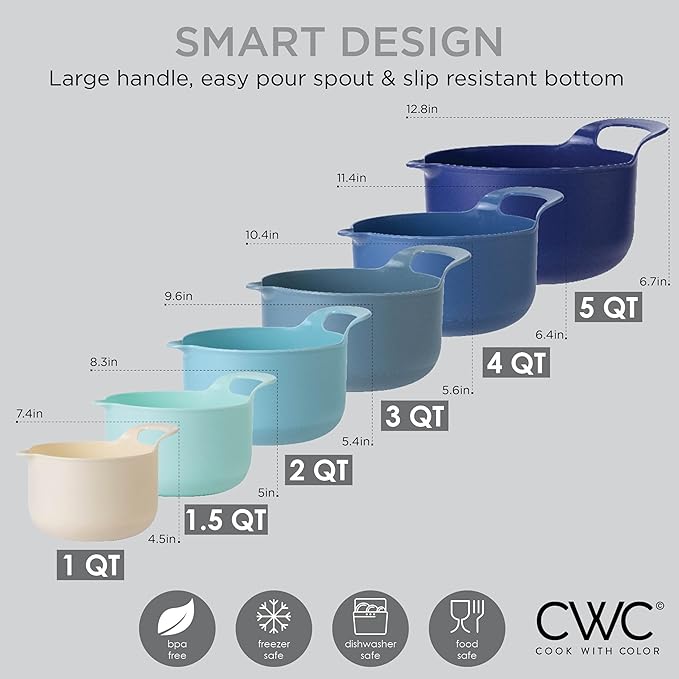 COOK WITH COLOR Nesting Plastic Mixing Bowl Set with Pour Spouts and Handles, Blue, 6 Piece Non-Slip