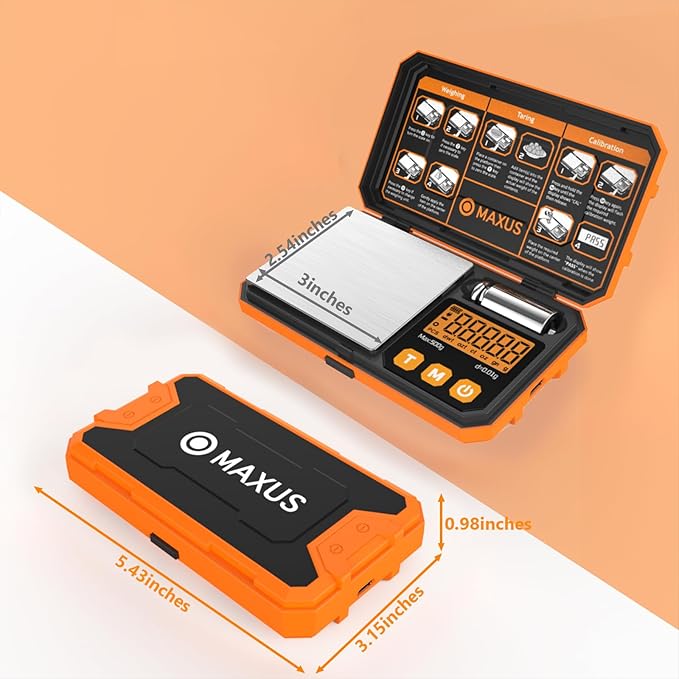 MAXUS 500g x 0.01g Digital Gram Scale with USB and Battery Power, Precision Pocket Scale with 50g Calibration Weight and Self-Sealing Cellophane Bags