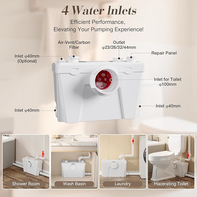 500Watt Upflush Toilet with Bidet Sprayer- Macerating Toilet withToilet Bowl,Toilet Tank and Macerator Pump with 4 Water Inltes for Kitchen Sink, Bathroom, Laundry