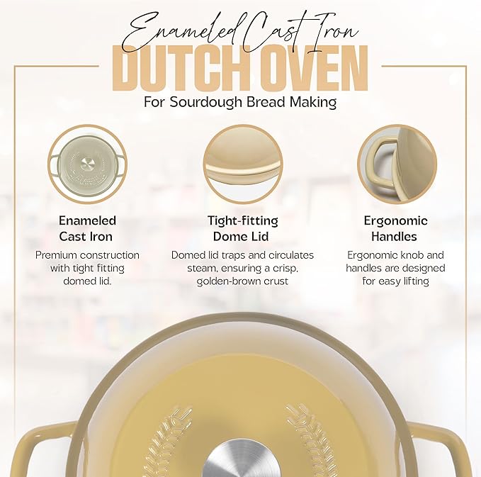 Enameled Cast Iron Dutch Oven Pot with Lid - Dutch Oven for Sourdough Bread Baking - With 5 Blade Bread Lame & Non-Stick Silicone Sling perfect for Sourdough Breads & more. Cast Iton Enamel Braiser Pan with Lid (WHITE, 6 Quart Sourdough Pot)