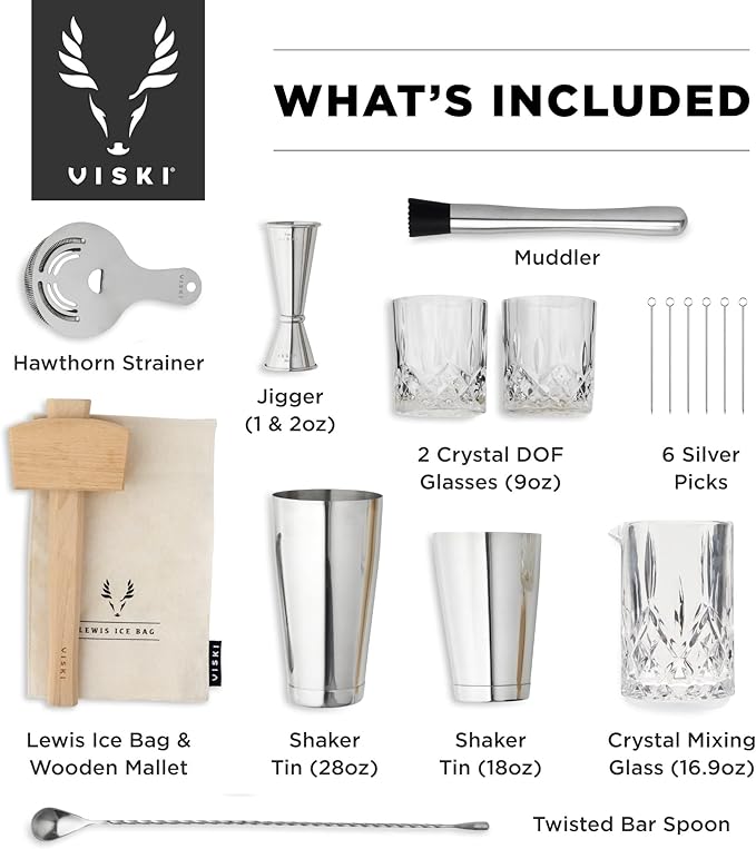 Viski Bartender Kit and Barware Set Includes Boston Cocktail Shakers, Mixing Glass, Jigger, Muddler, Strainer, Bar Spoon, Whiskey Glasses, Ice Bag, Mallet, and Cocktail Picks, Home Bar Gifts, 17-Piece