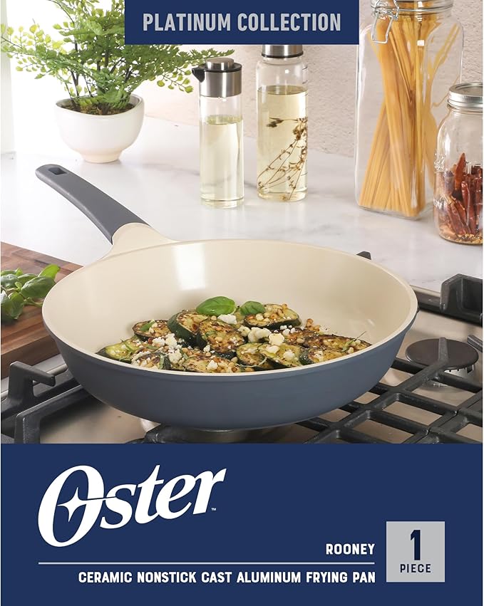 Oster Platinum Rooney Large 12 Inch Durable & Light Cast Aluminum Frying Pan Skillet w/PFA Free Ceramic Nonstick Interior Cookware Chef's Pan, Omelet Pan - Induction - Grey