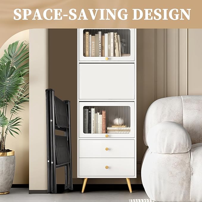 HBTower Step Ladder, Step Ladder Folding Step Stool, Portable Sturdy Steel Ladder Stool for Adults with Anti-Slip Wide Pedals Home Outdoor Kitchen, Black