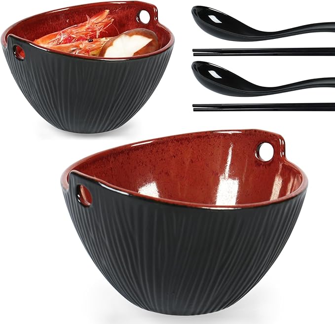 Ceramic Ramen Bowl with Chopsticks,6.7 Inch Noodle Bowls,Pho Bowls and Spoons Set,Japanese Bowl for Pho,Udon,Soba,Noodle,Microwave Safe,Set of 2 (Burnt Red)