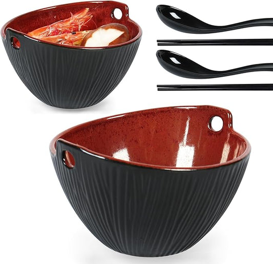 Ceramic Ramen Bowl with Chopsticks,6.7 Inch Noodle Bowls,Pho Bowls and Spoons Set,Japanese Bowl for Pho,Udon,Soba,Noodle,Microwave Safe,Set of 2 (Burnt Red)