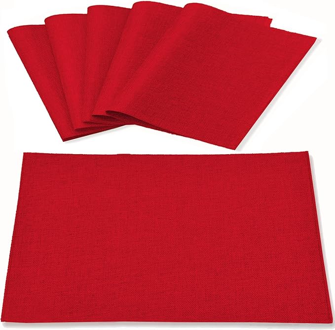 Linen Fabric Placemats Set of 6, Machine Washable, Heat Resistant, Wrinkle Free, Thick Polyester Kitchen Place Mats for Dining Table (Red)