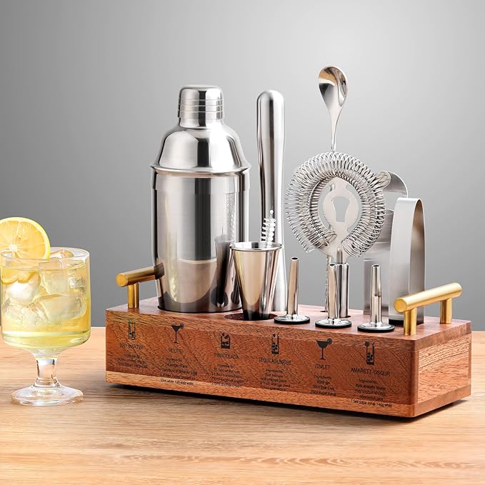 Cocktail Shaker Set Bartender Kit with Stand 24oz Martini Shaker,12-Piece Professional Bar Tool Set Drink Mixer Set with All Essential Bar Tools.