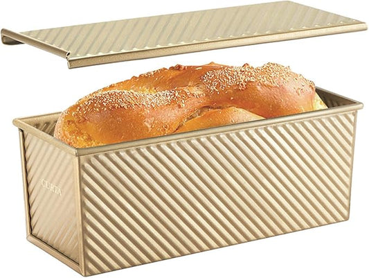 CURTA Commercial Pullman Loaf Pan with Lid 2.2 lb Dough Capacity Non-Stick Bakeware for Baking Bread Corrugated Bread Toast Mold extra large loaf pan Champagne Gold 1pcs