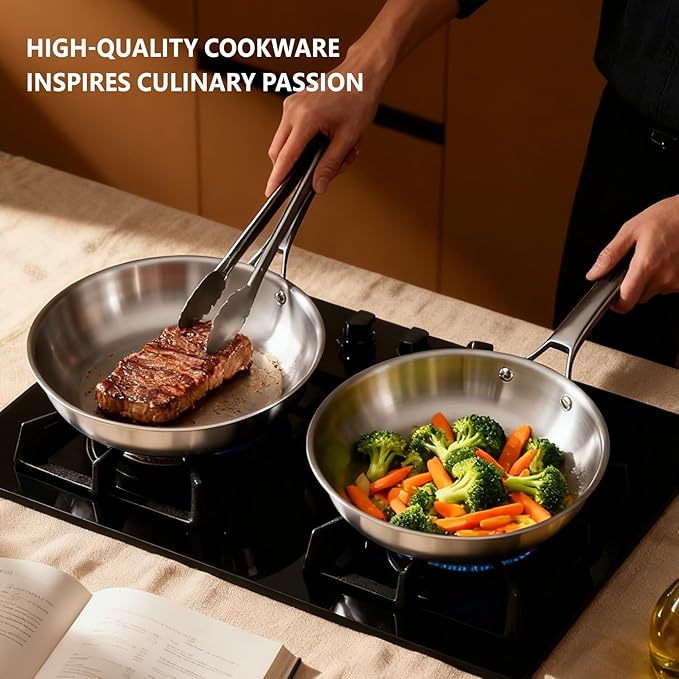 ROVSUN 8-10-12 Inch Stainless Steel Cookware Set, 3 pcs Tri-Ply Skillets Set, Full Clad Stainless Steel Chef's Pan, PFOA & PTFE Free Skillets, Compatible for All Cooktops, Dishwasher & Oven Safe