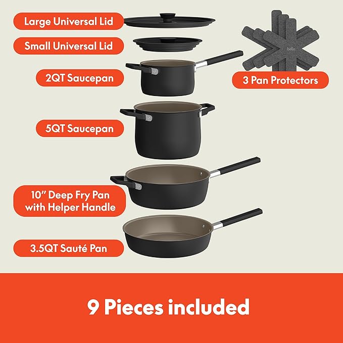 bella 9 Piece Ceramic Nonstick Cookware Set, Fits-anywhere™ Kitchenware w EverGood™ Coating, Dishwasher & Oven Safe, All Stovetops Compatible, Stackable Design, Cool Touch Handles, Black