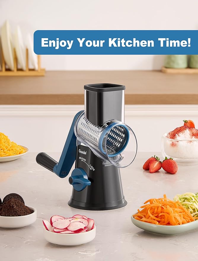 Geedel Rotary Cheese Grater Cheese Shredder - Upgraded 5-in-1 Cheese Grater with Handle and Strong Suction Base, Multi-purpose Vegetable Slicer Ice Shaver Nuts Grinder for Ice, Vegetables, Fruit, Nuts