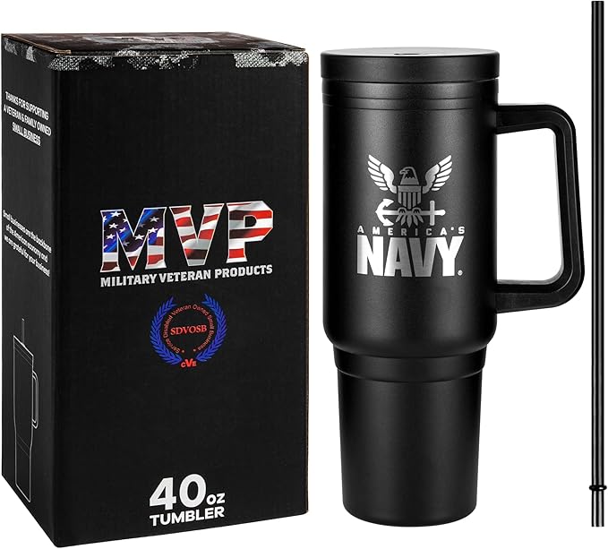 Navy 40oz Insulated Tumbler with Handle, Lid & Straw - USN Gifts - Use for Water, Tea, Coffee -Disabled Vet Owned Small Business-Navy 40oz Tumbler