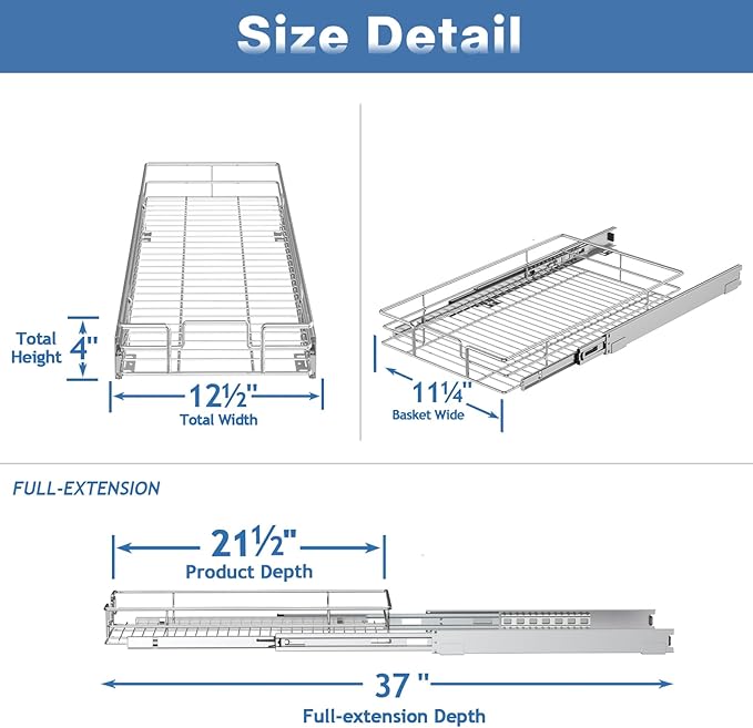 Pull Out Cabinet Organizer 12½" W x 21½" D, Heavy Duty Cabinet Pull Out Shelves, Slide Out Drawers Organization for Kitchen Cabinets Bathroom