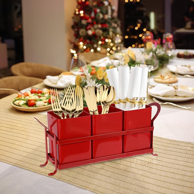 Kitchen Utensil Holder for Countertop - Outdoor Silverware Caddy, Picnic and Camping Utensil Organizer, Flatware Holder for Party Gatherings, Metal and Durable Design (Red)