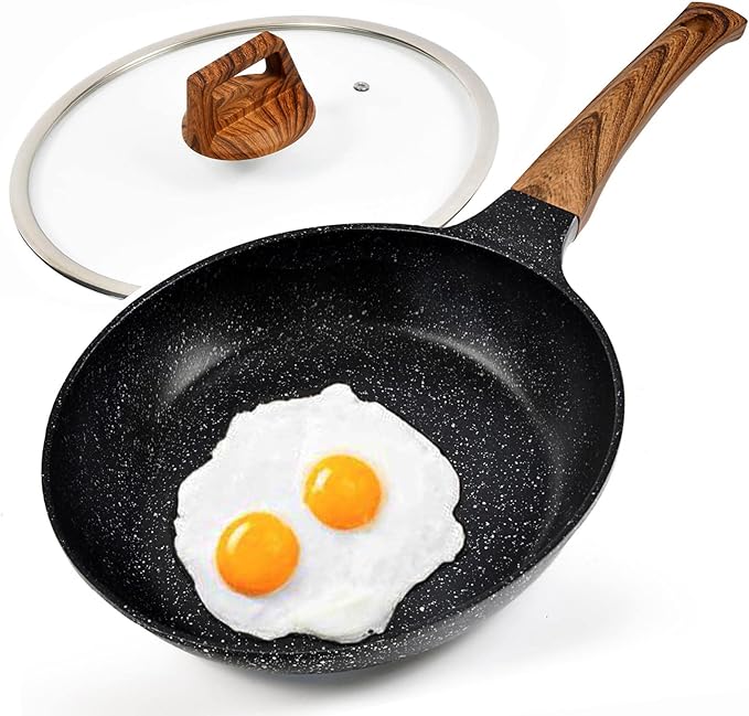 Nonstick Frying Pan with Lid, 10 In Non Stick Aluminum Granite Coating Chef's Pan, Small Egg Frying Pans for Breakfast, Cookware Pan Set for Gas Stove, Induction Top