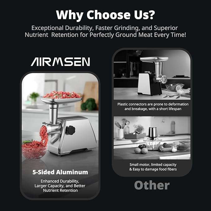 AIRMSEN Electric Meat Grinder – Heavy Duty Professional Stainless Steel Sausage Maker & Stuffer with 3 Plates, 2 Stainless Blades & Kubbe Kit – Fast, Quiet, Easy to Clean for Home Kitchen Use